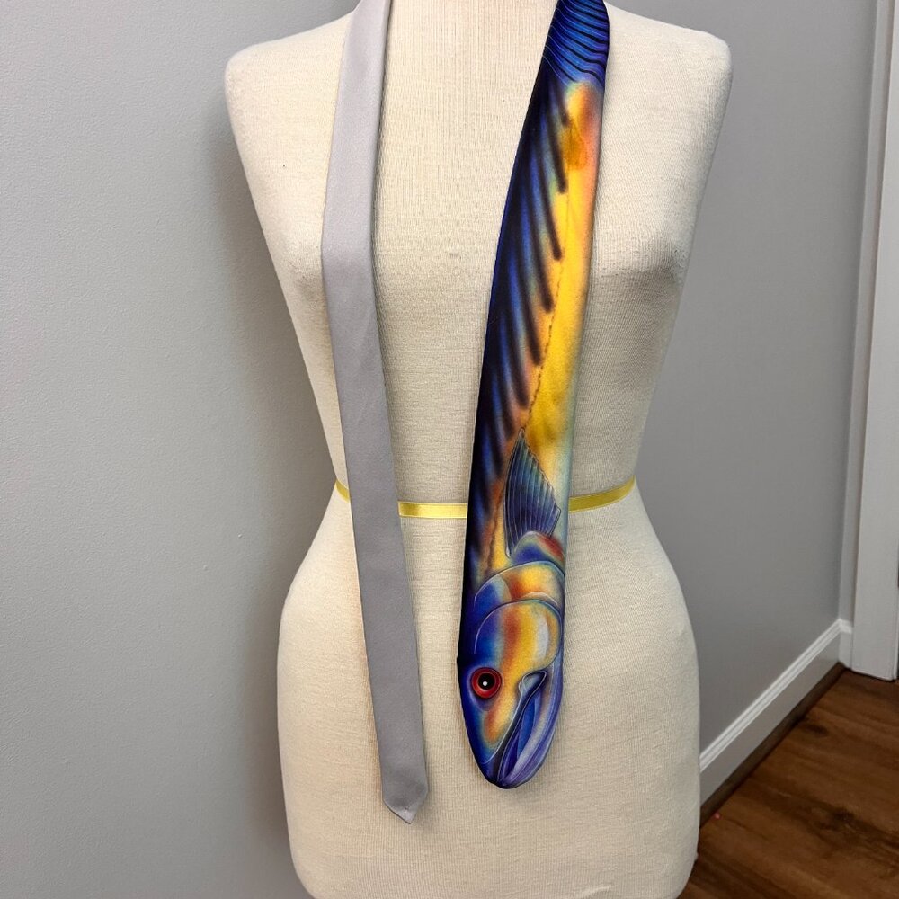 80s Fish Tie - Vintage Ralph Marlin Necktie Designer Tuna Print - Kitschy Tuna - Picture 7 of 7
